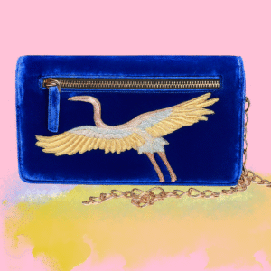 Luxury Velvet Blue Sling Bag with Golden Crane Embroidery