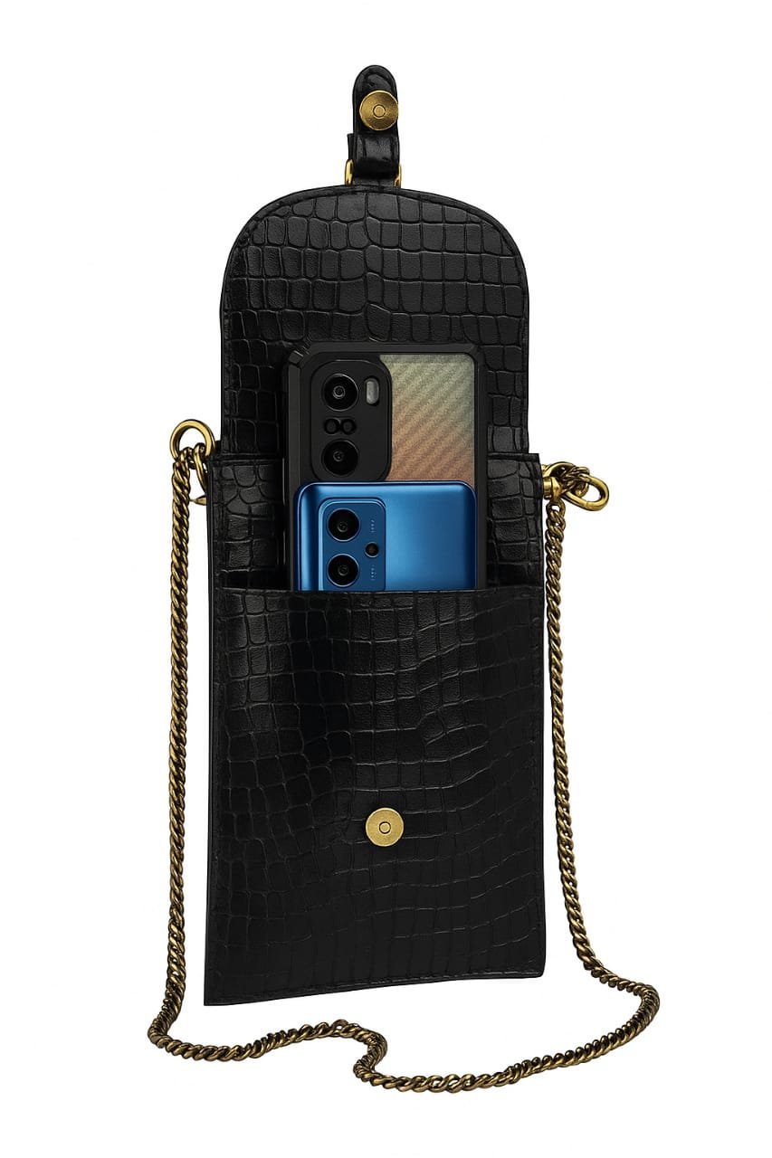 Luxury Women’s Crossbody Mobile Bag – Black Croc Pattern with Gold Chain Strap