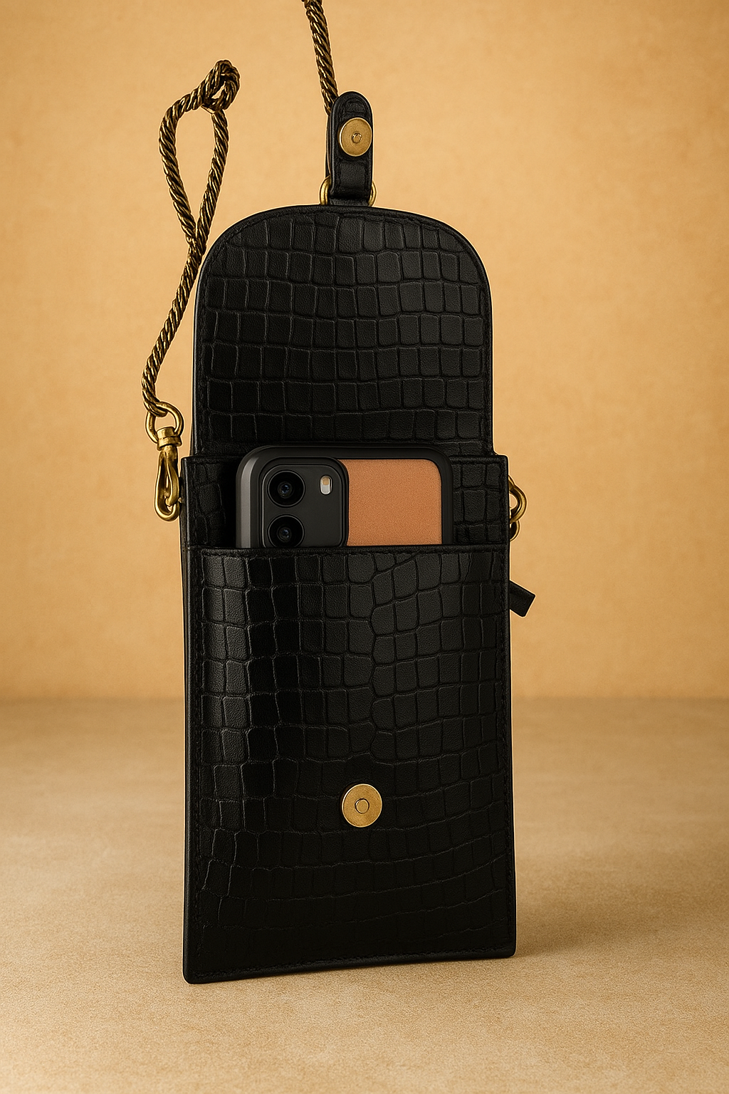 Luxury Women’s Crossbody Mobile Bag – Black Croc Pattern with Gold Chain Strap - Image 5