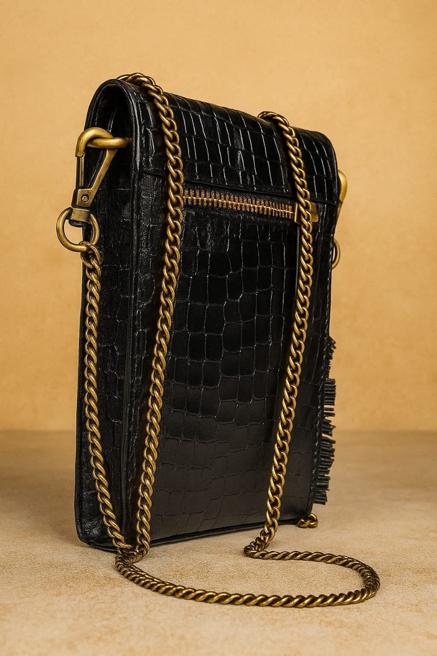 Luxury Women’s Crossbody Mobile Bag – Black Croc Pattern with Gold Chain Strap - Image 4