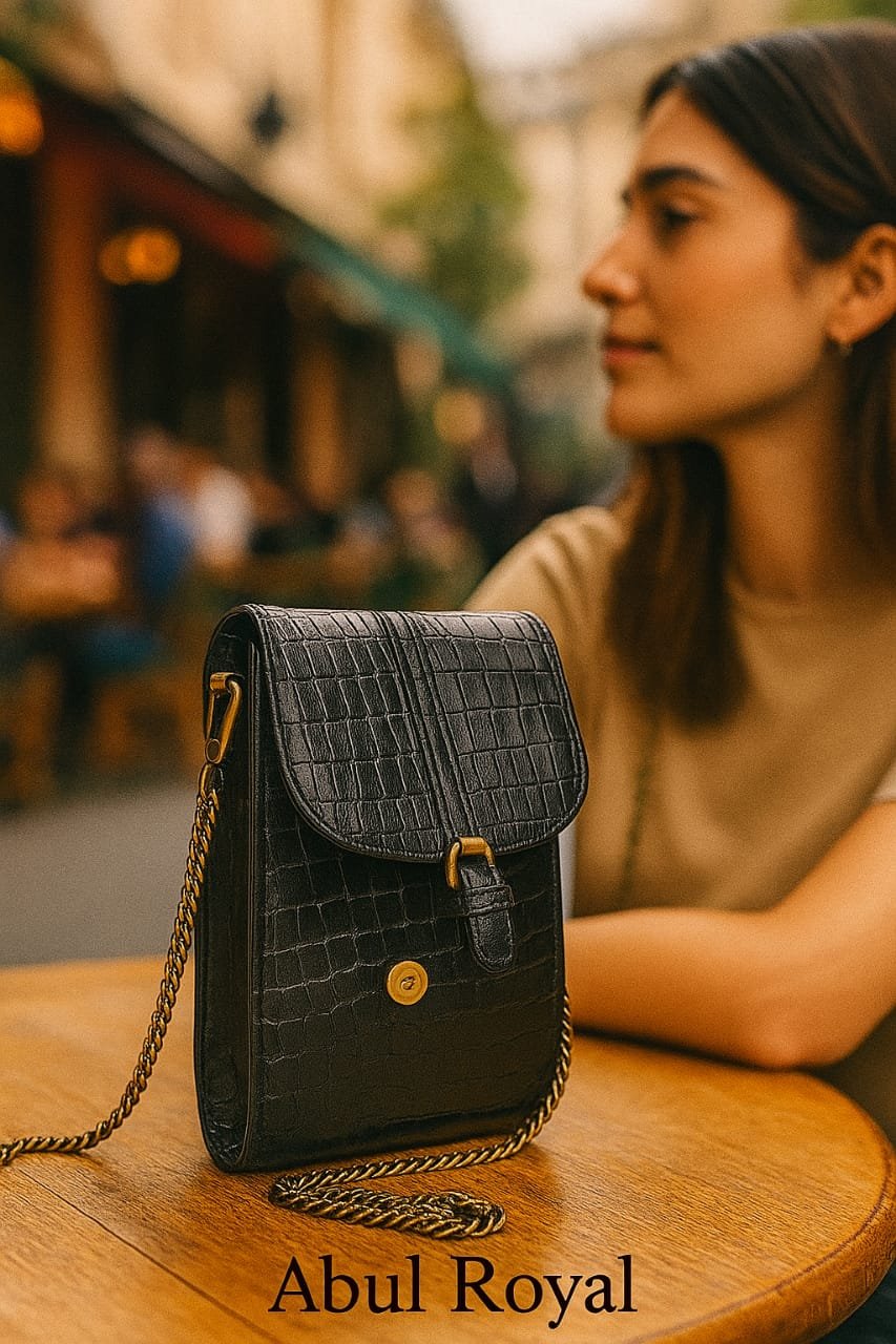 Luxury Women’s Crossbody Mobile Bag – Black Croc Pattern with Gold Chain Strap - Image 3