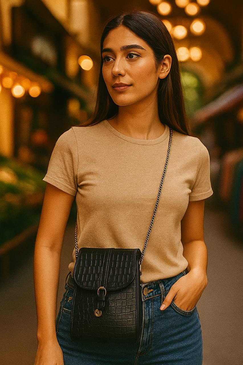 Luxury Women’s Crossbody Mobile Bag – Black Croc Pattern with Gold Chain Strap - Image 2