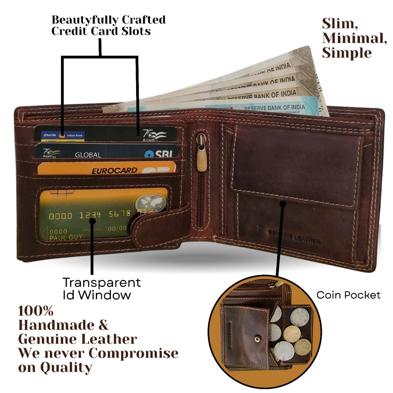 Abul Royal Premium Ocean Fish Brown Genuine Leather Men's Wallet – Handmade RFID Protected Bifold Purse with Coin Pocket, Card Slots & ID Window - Image 2