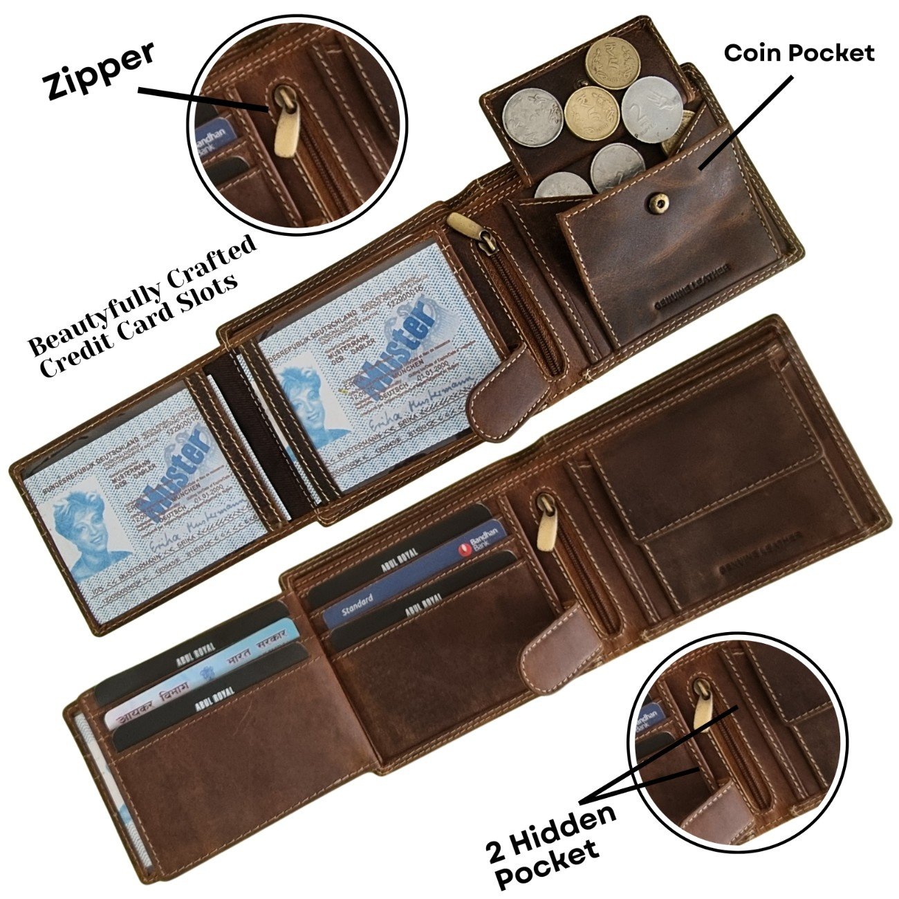 Abul Royal Premium Ocean Fish Brown Genuine Leather Men's Wallet – Handmade RFID Protected Bifold Purse with Coin Pocket, Card Slots & ID Window - Image 3